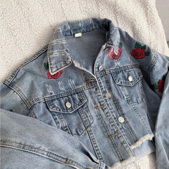 Mega Cropped Denim Jacket with Rose Embroidery by Lulu Simone - Picture 10 of 14